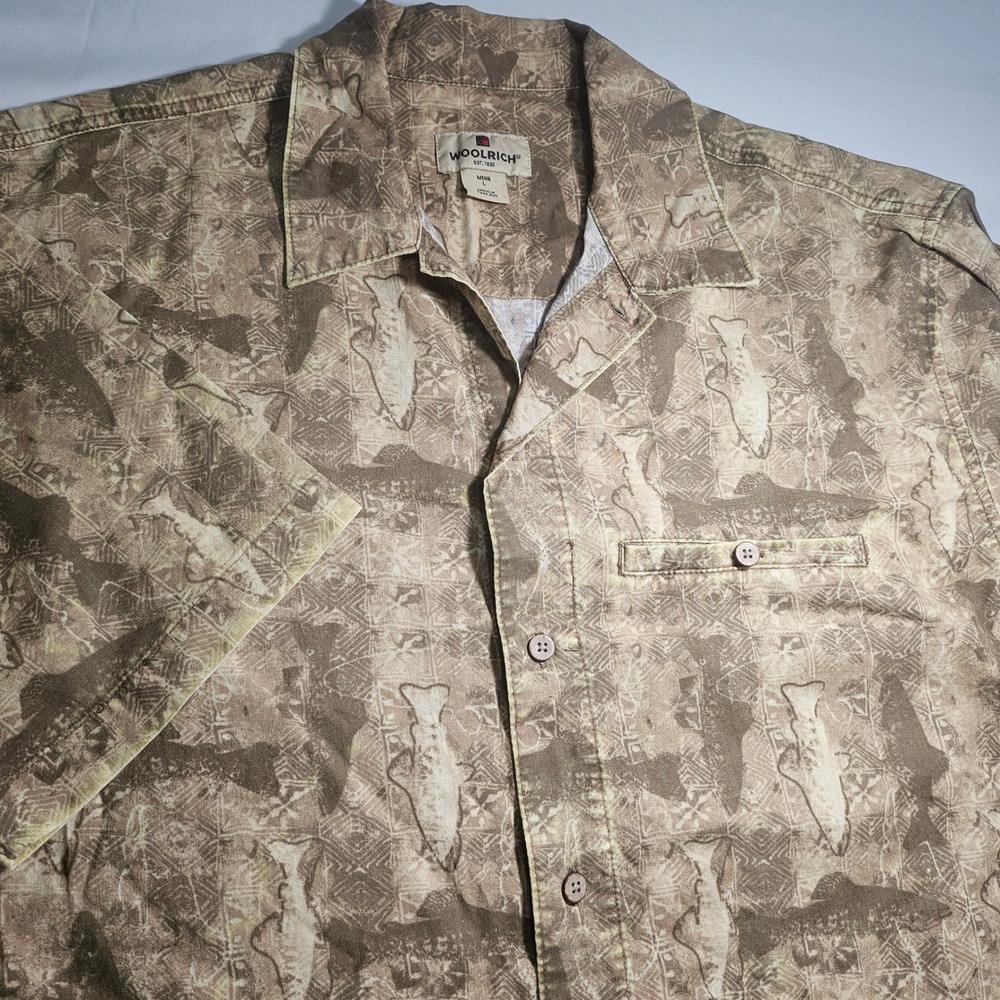 Woolrich Mens Barley Trout Fish Print Cotton Short Sleeve Shirt Tan Brown Large